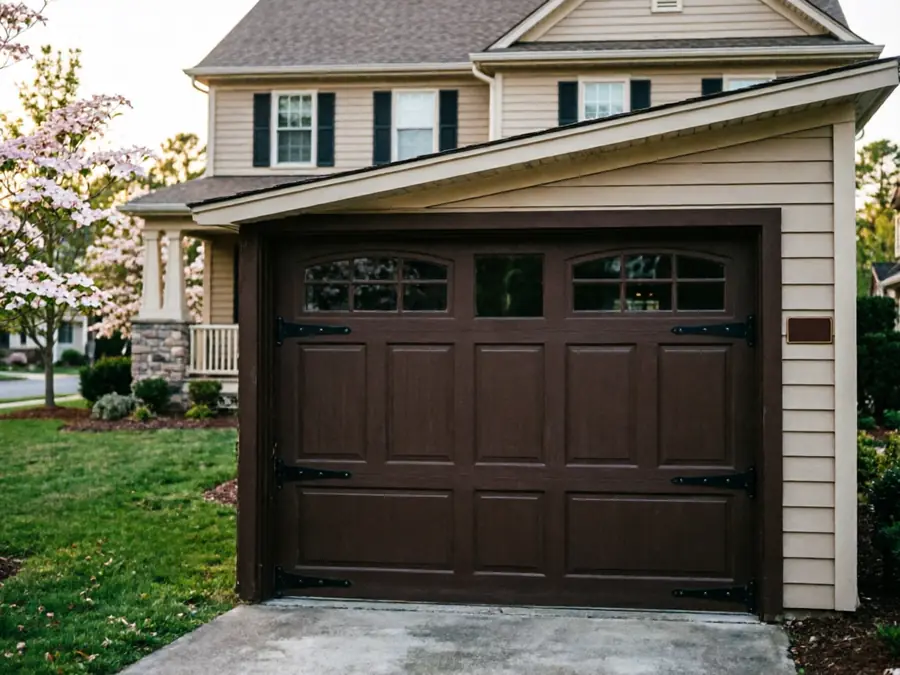 A brown garage door with windows and decorative hardware on a house.