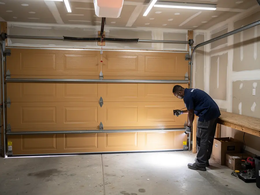 A technician shines a flashlight on the bottom of a closed garage door.