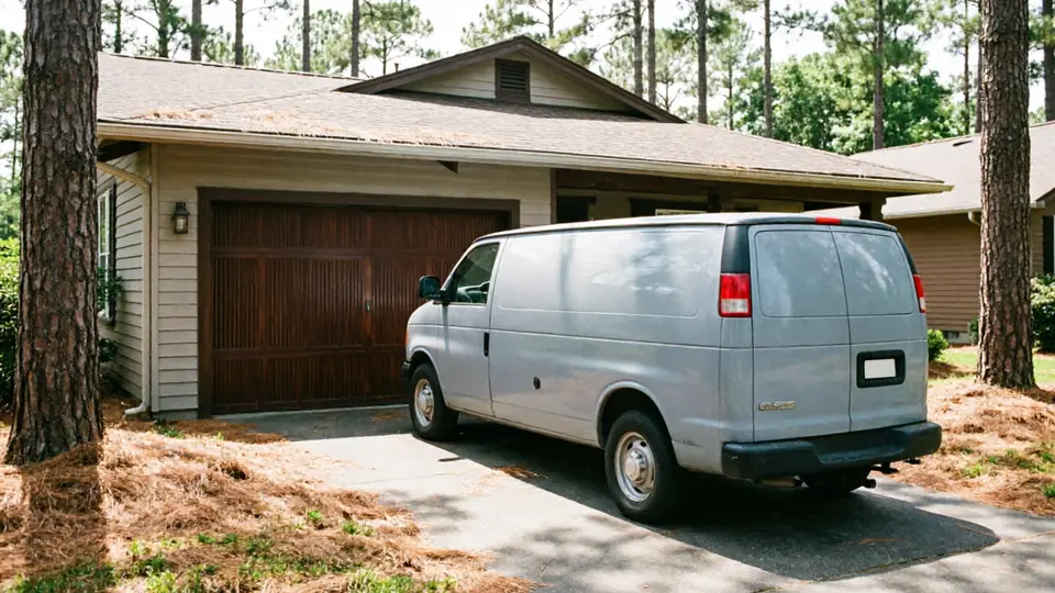 A gray van is parked in a driveway in front of a brown garage door.