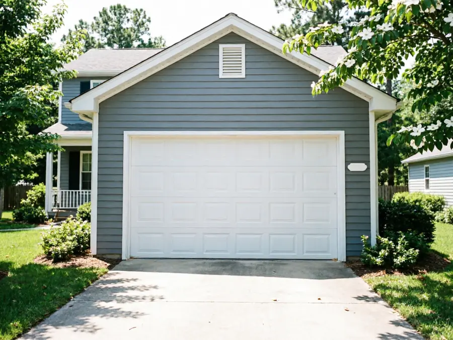A white garage door is on a gray house with a driveway and green lawn.