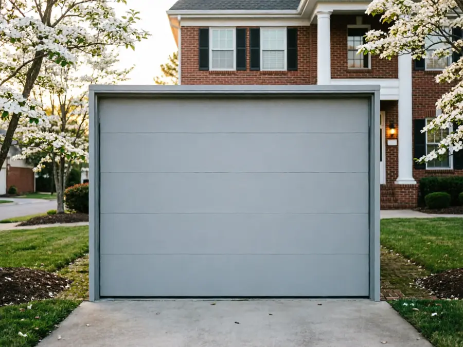 The gray garage door is closed in front of a brick house with white flowering trees.