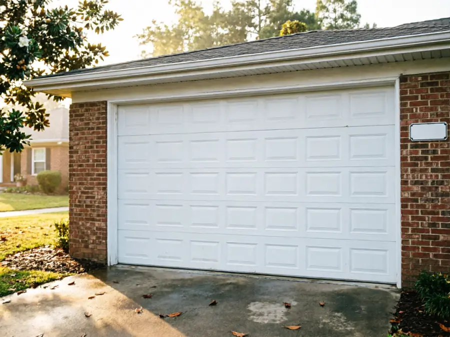 A white paneled garage door is on a brick house with a concrete driveway.